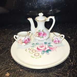 Whimsical Miniature Porcelian Tea Set with Gold Accents